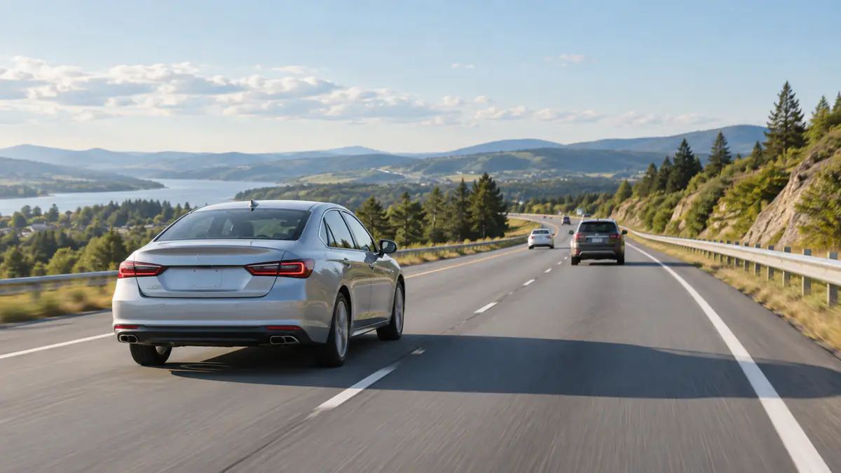Generic car travelling smoothly on an open road with normal traffic