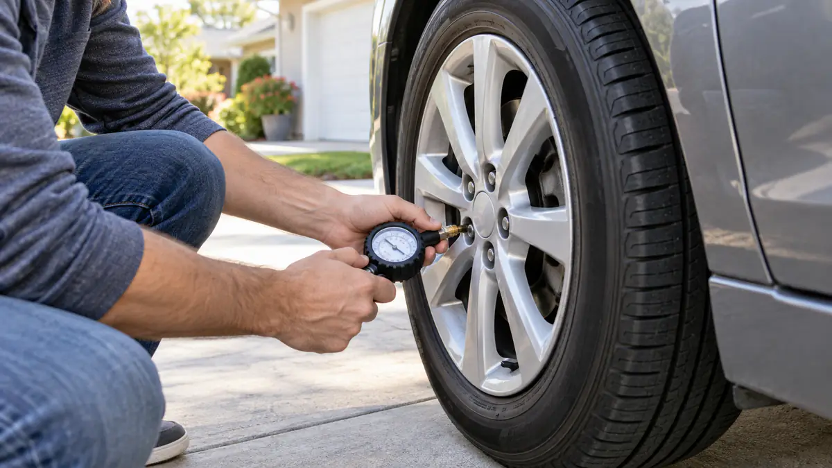 Vehicle owner checking a car tyre with a handheld pressure gauge