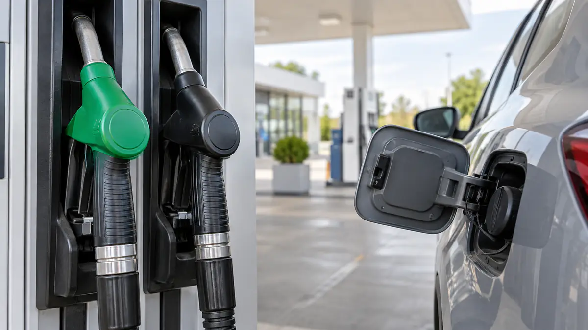 Two different unbranded fuel nozzles beside a vehicle fuel door