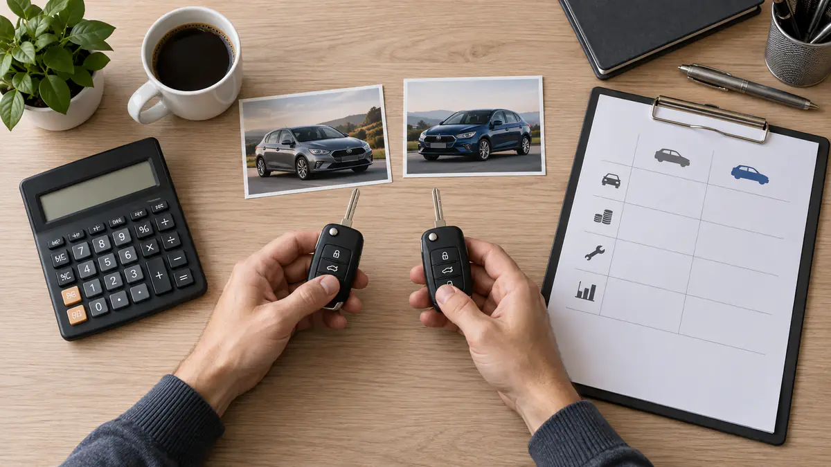 Car keys, calculator, and ownership-cost worksheet arranged for comparison