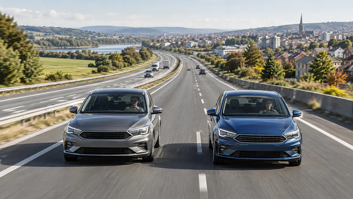 Two similar generic cars travelling the same road for a fuel-use comparison