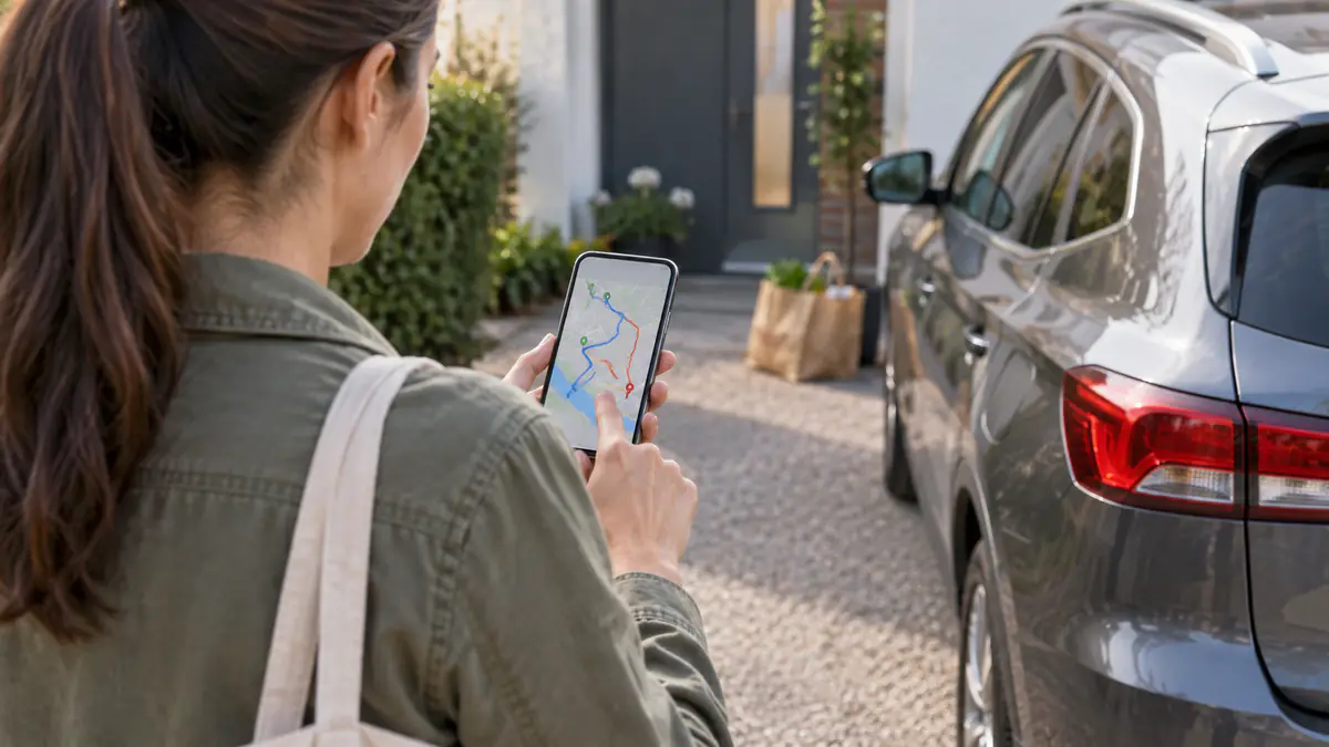 Driver comparing route options on a phone before leaving in a parked car