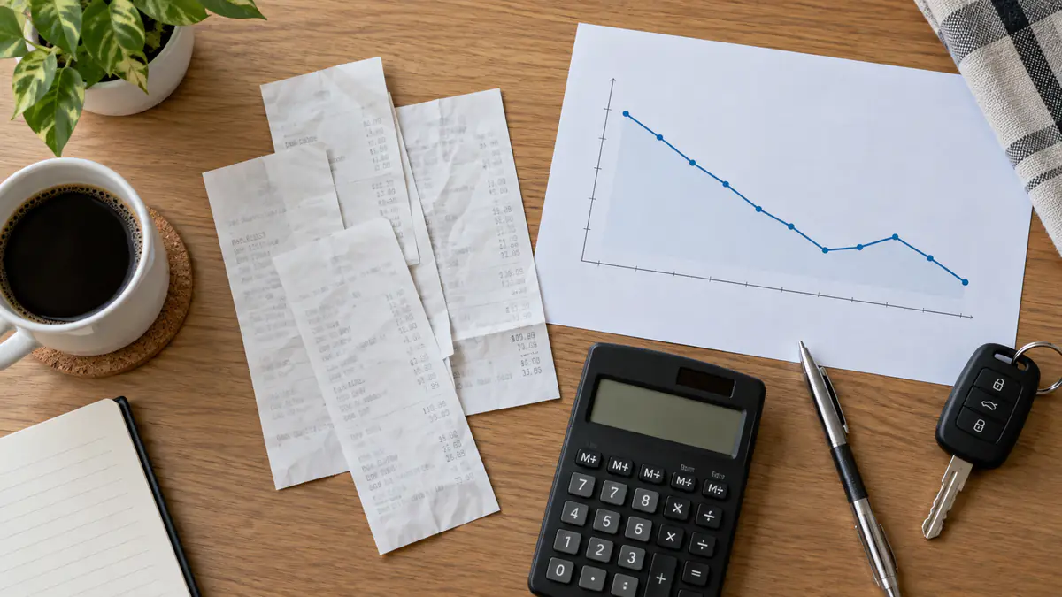 Fuel receipts, calculator, car key, and consumption trend chart on a desk