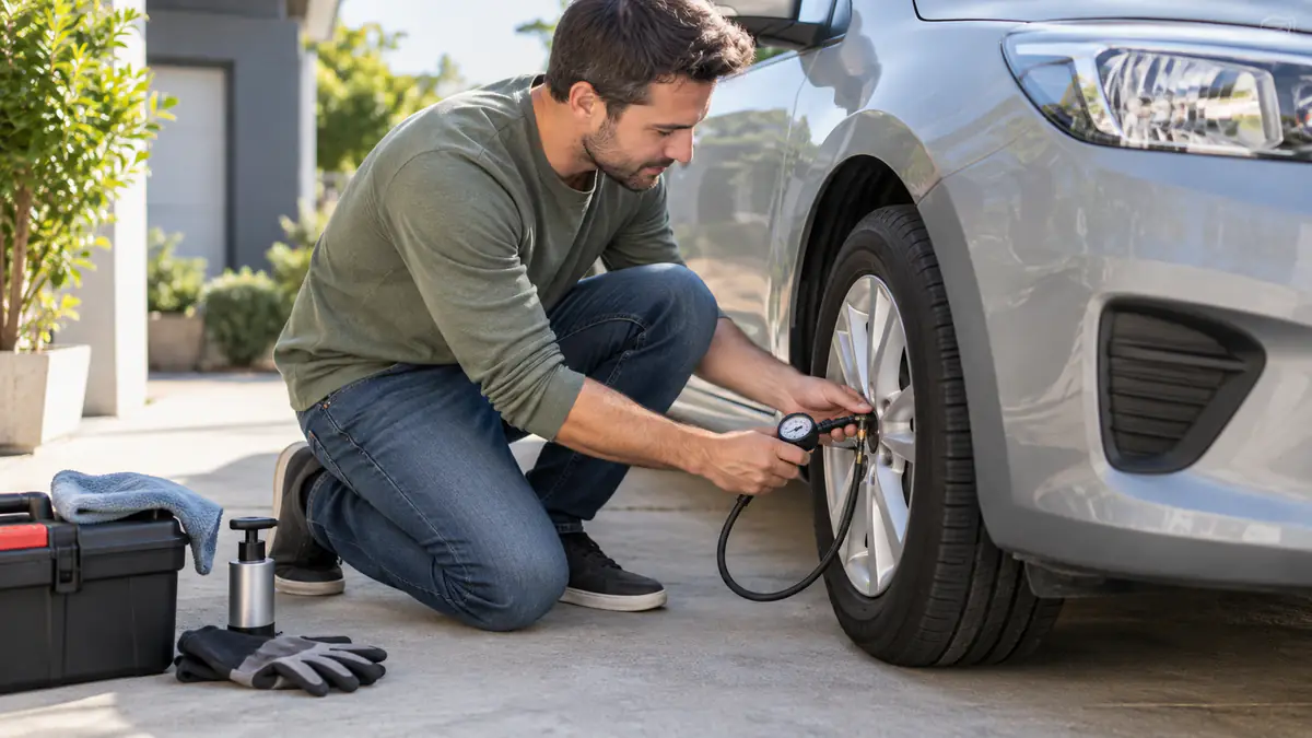Driver checking tyre pressure with basic maintenance tools nearby