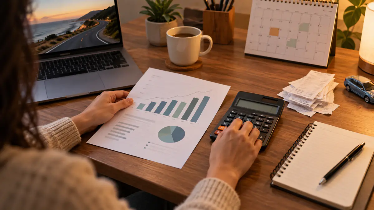 Person reviewing a monthly fuel chart, calendar, calculator, and receipts