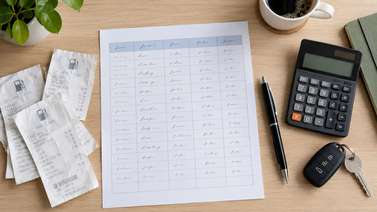 Paper fuel ledger, calculator, receipts, pen, and car key on a desk