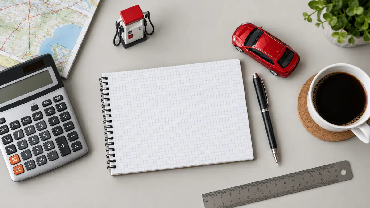Calculator, graph paper, ruler, and model car arranged for a fuel-cost calculation