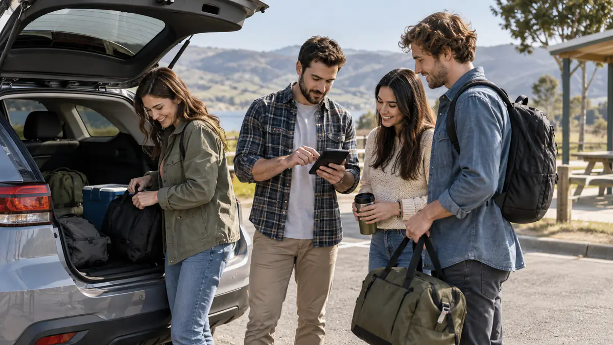 Four travellers planning a shared road trip beside a car