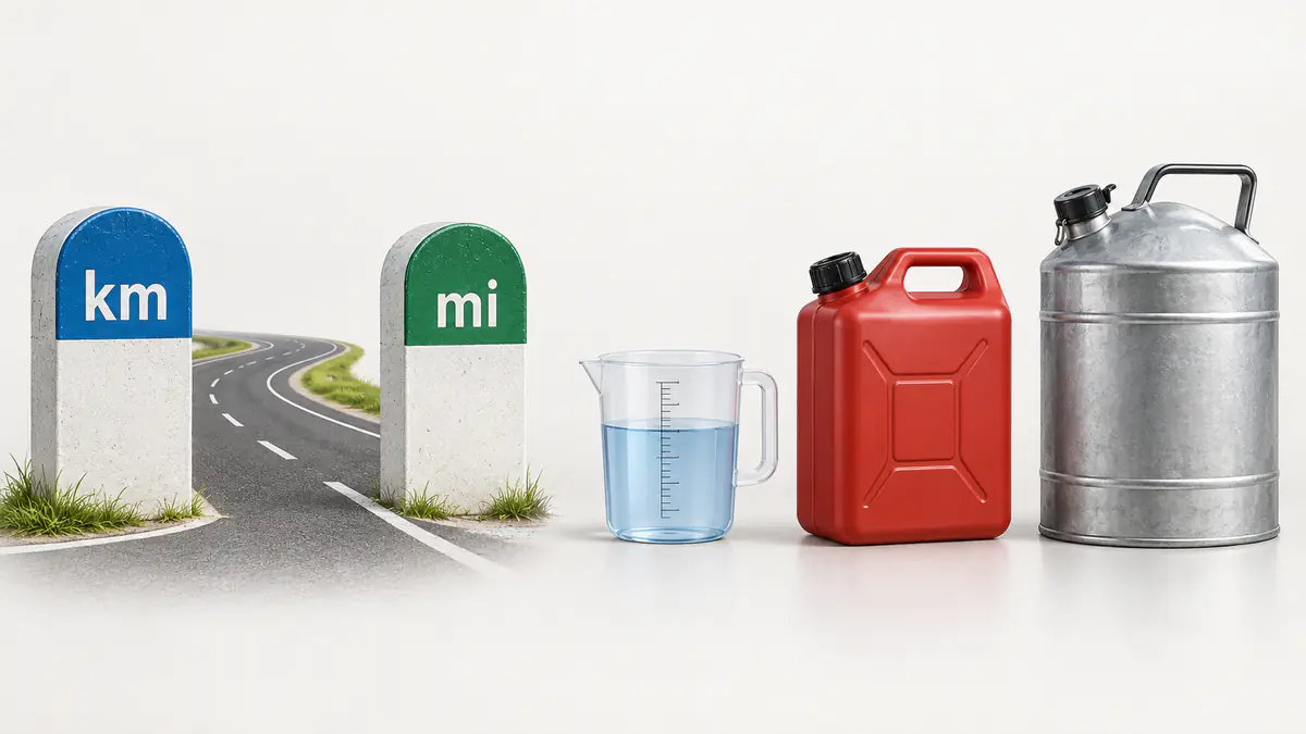 Road-distance markers and different fuel-volume containers representing unit conversion