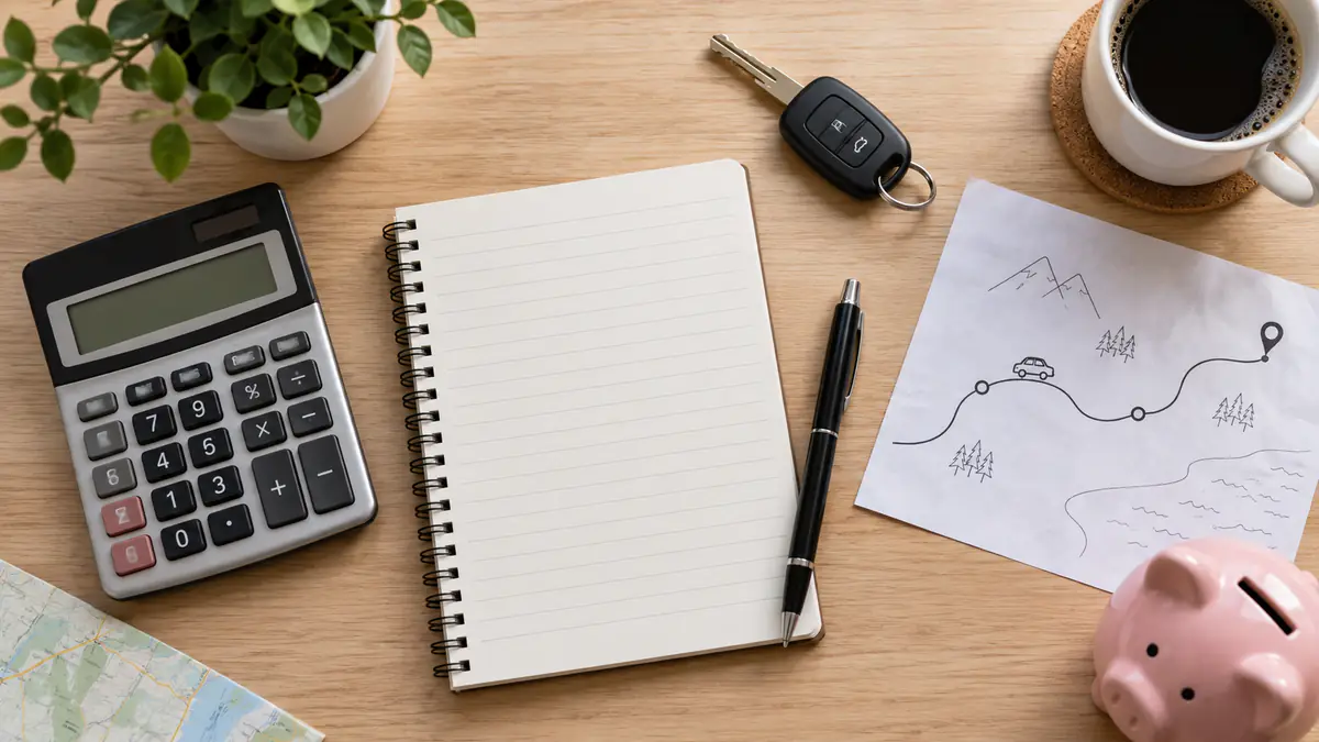 Calculator, notebook, route sketch, and car key arranged on a desk