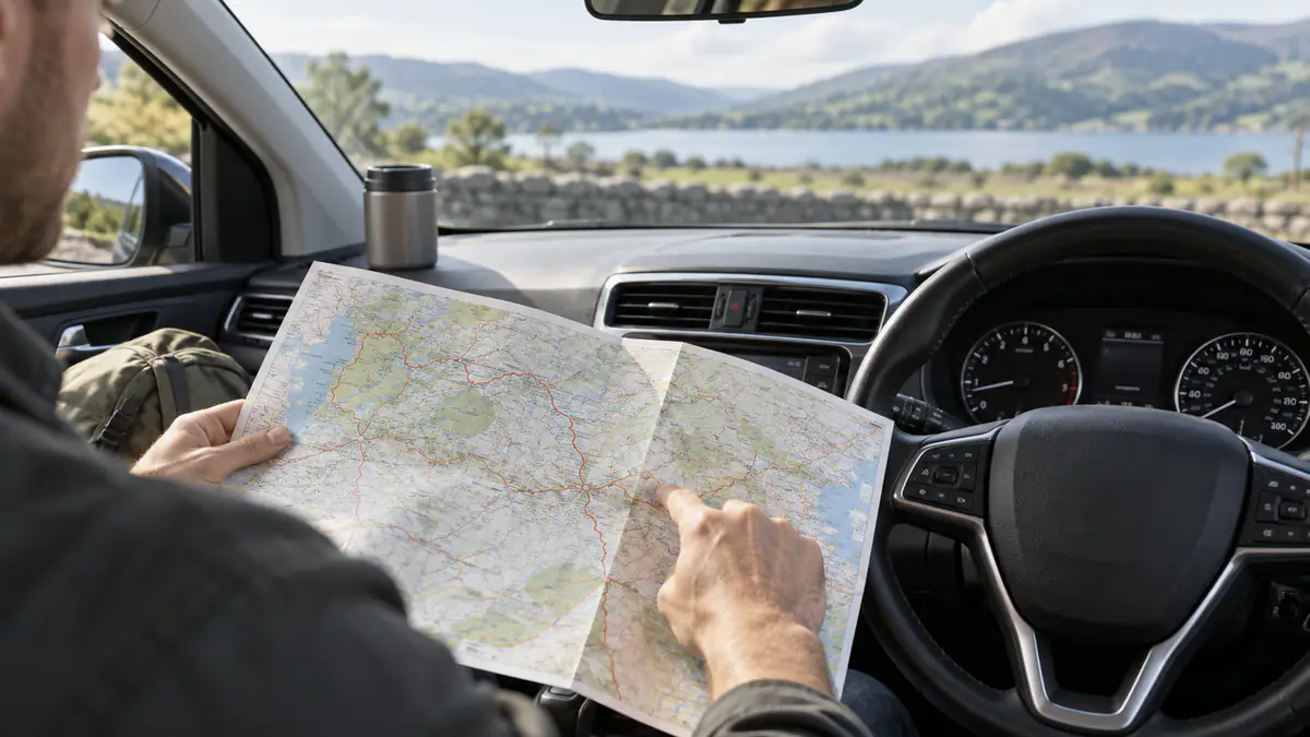 Driver checking a paper route map beside a car dashboard before a journey