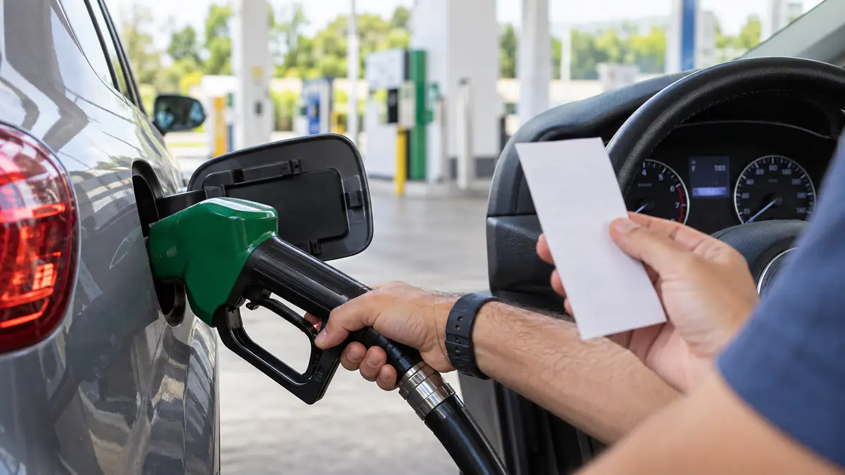 Driver refuelling a car while keeping the pump receipt